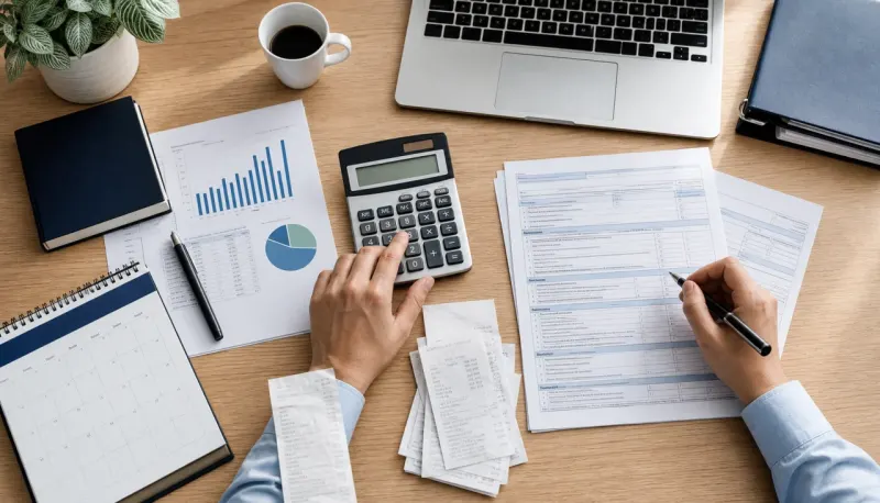 Organized tax planning workspace with calculator and financial documents