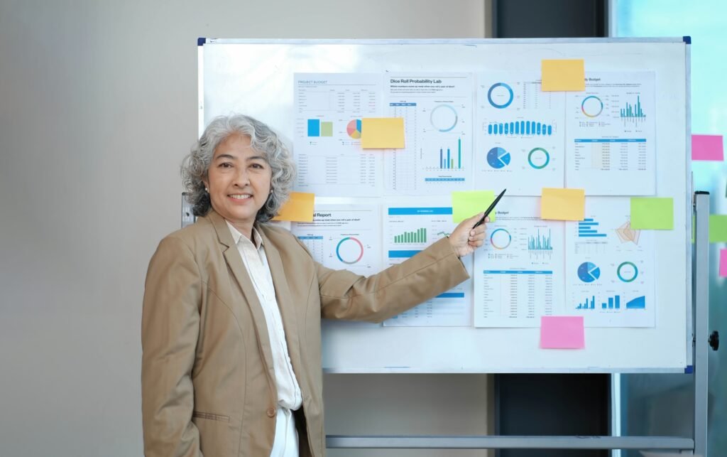 Woman boss presenting company economic charts growth report using flip chart, diverse