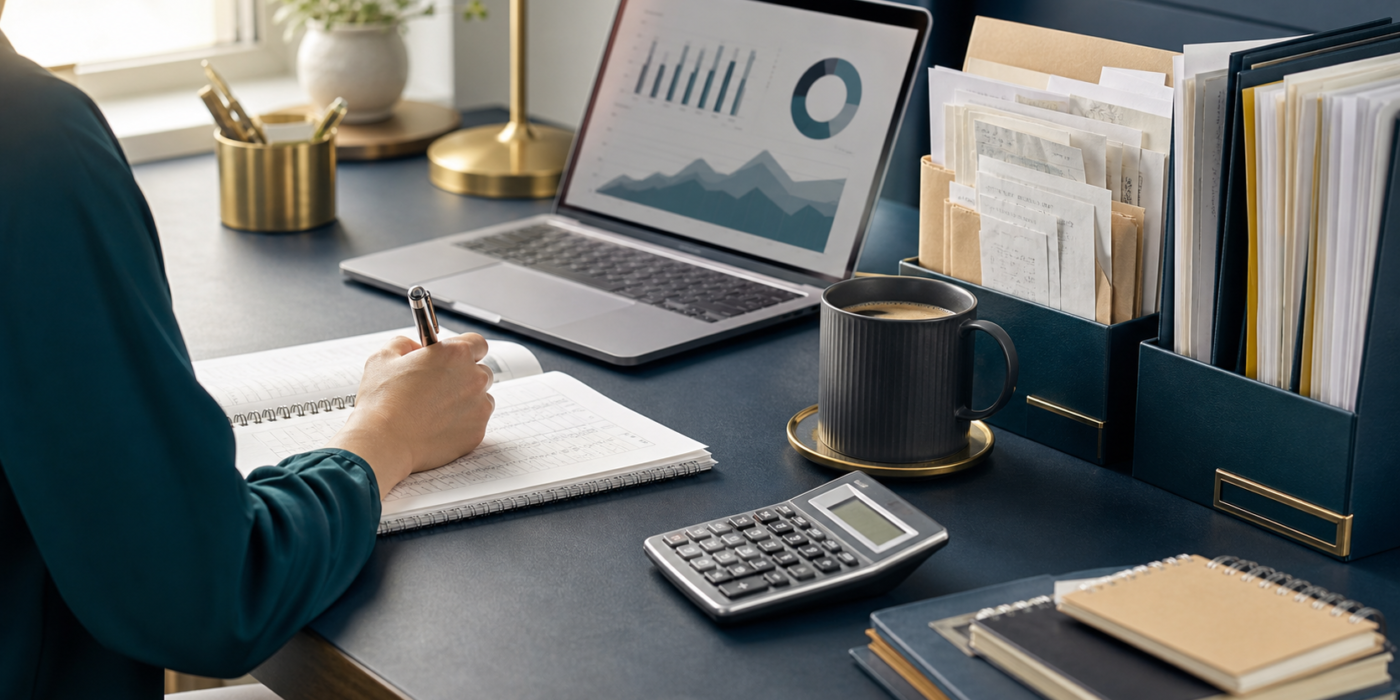 Organized small business bookkeeping workspace with laptop and records