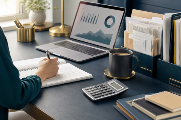 Organized small business bookkeeping workspace with laptop and records