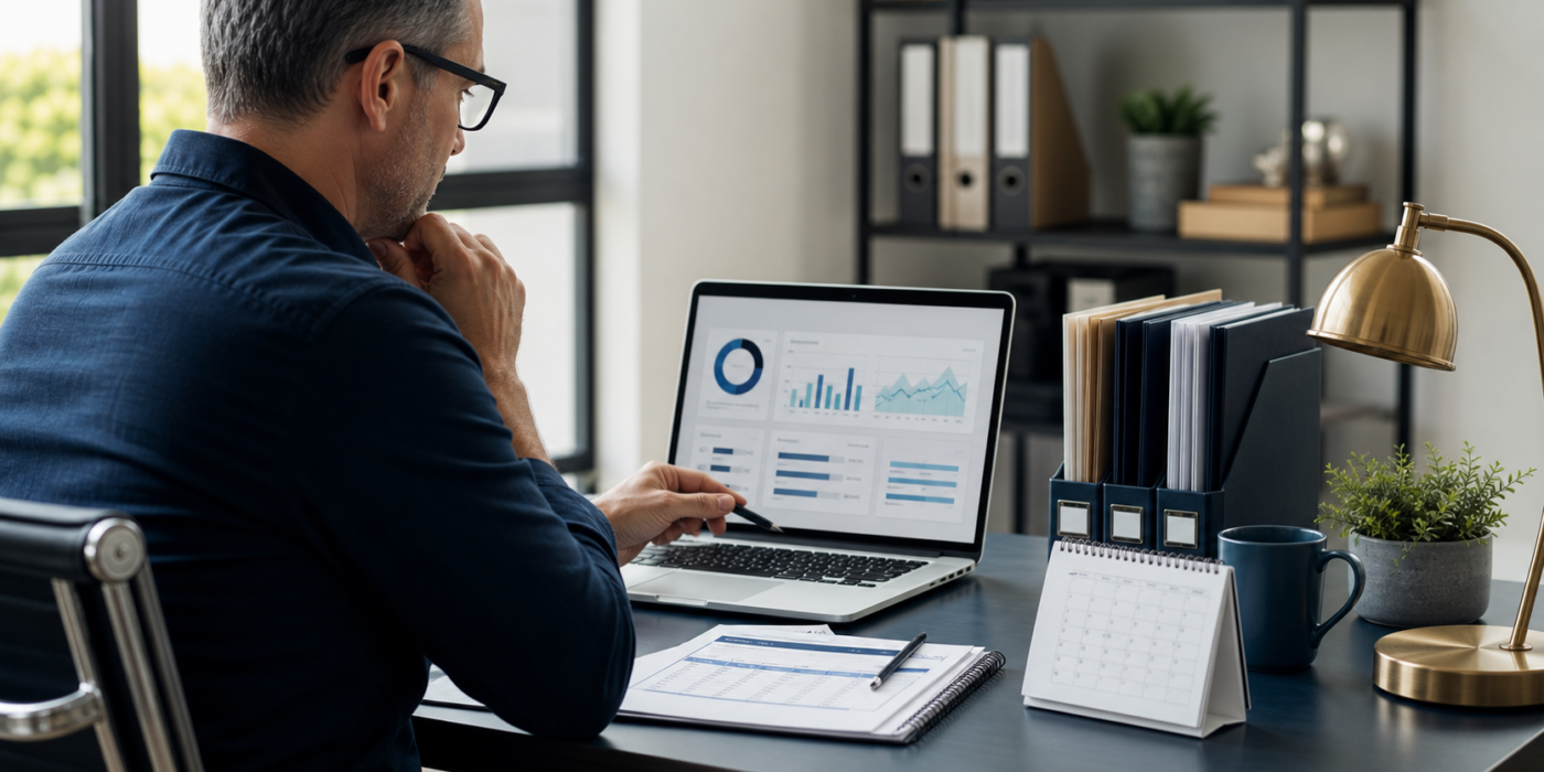 Business owner reviewing payroll records and a reporting dashboard