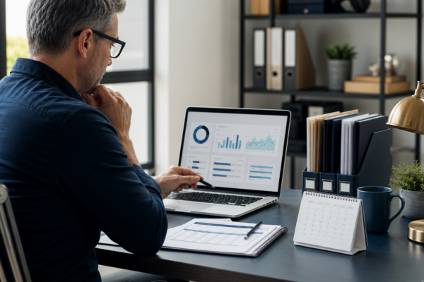 Business owner reviewing payroll records and a reporting dashboard