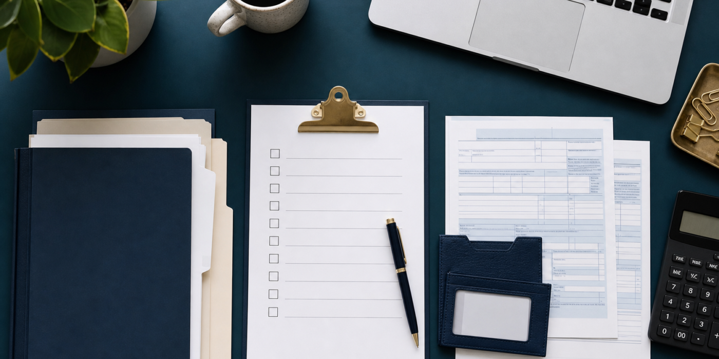 Tax appointment checklist with organized documents and calculator