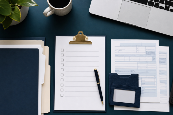 Tax appointment checklist with organized documents and calculator