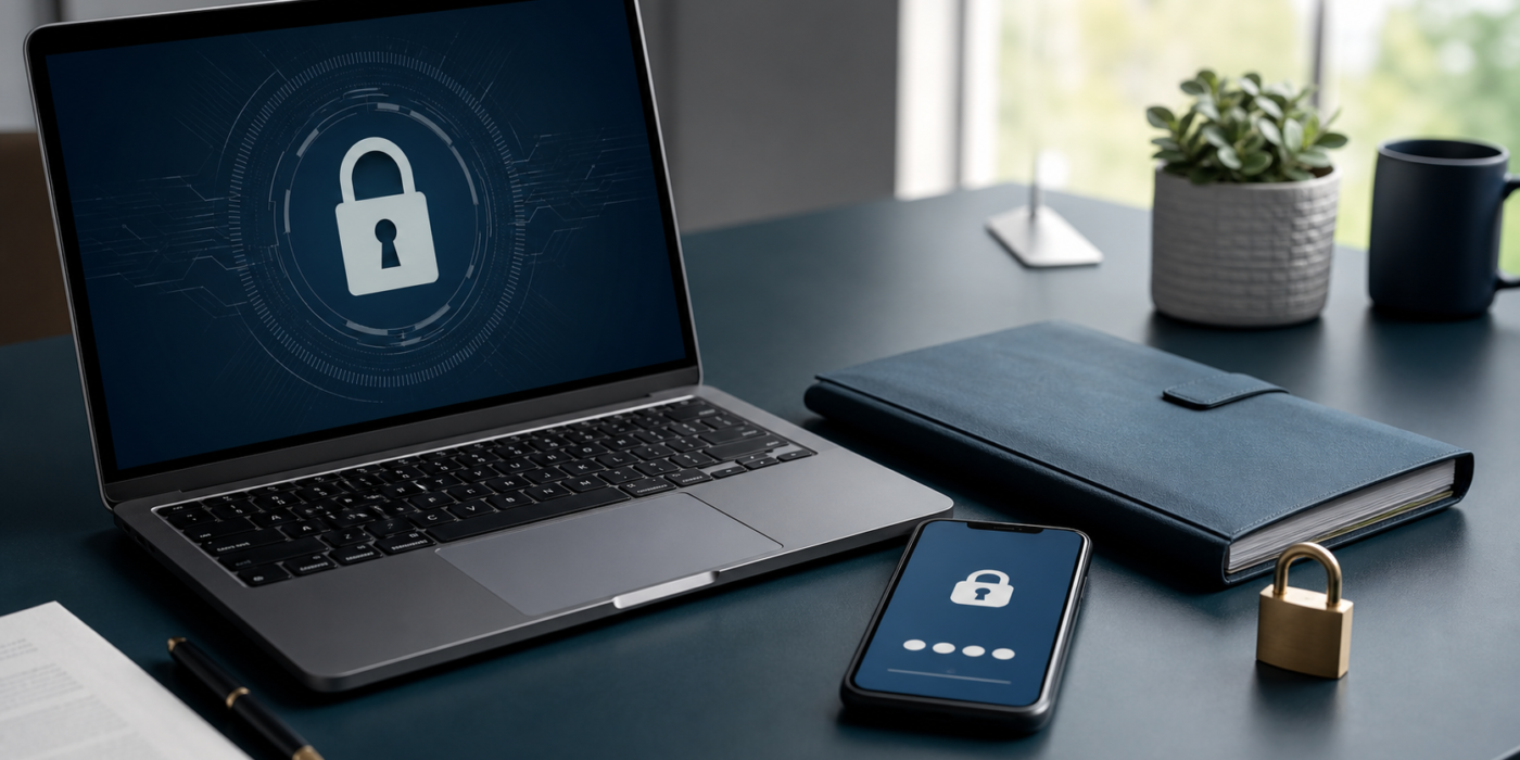 Secure laptop, phone, and tax document folder protected by authentication