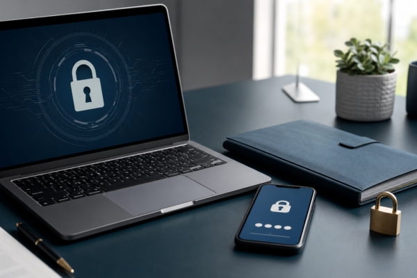 Secure laptop, phone, and tax document folder protected by authentication