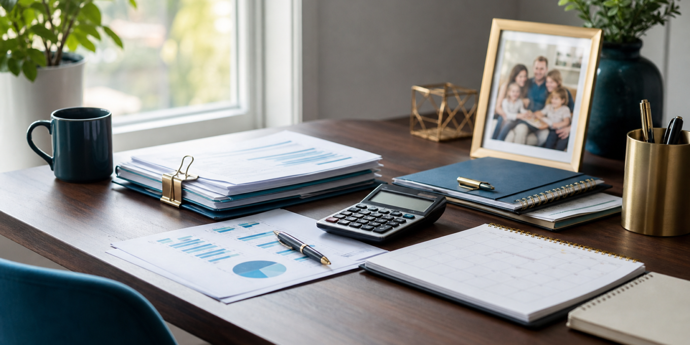 Organized family tax planning workspace with calculator and calendar