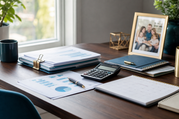 Organized family tax planning workspace with calculator and calendar